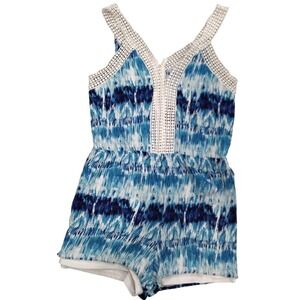 Charlotte Russe Romper Women's L Blue White Tie Dye Crochet‎ V Neck Sleeveless